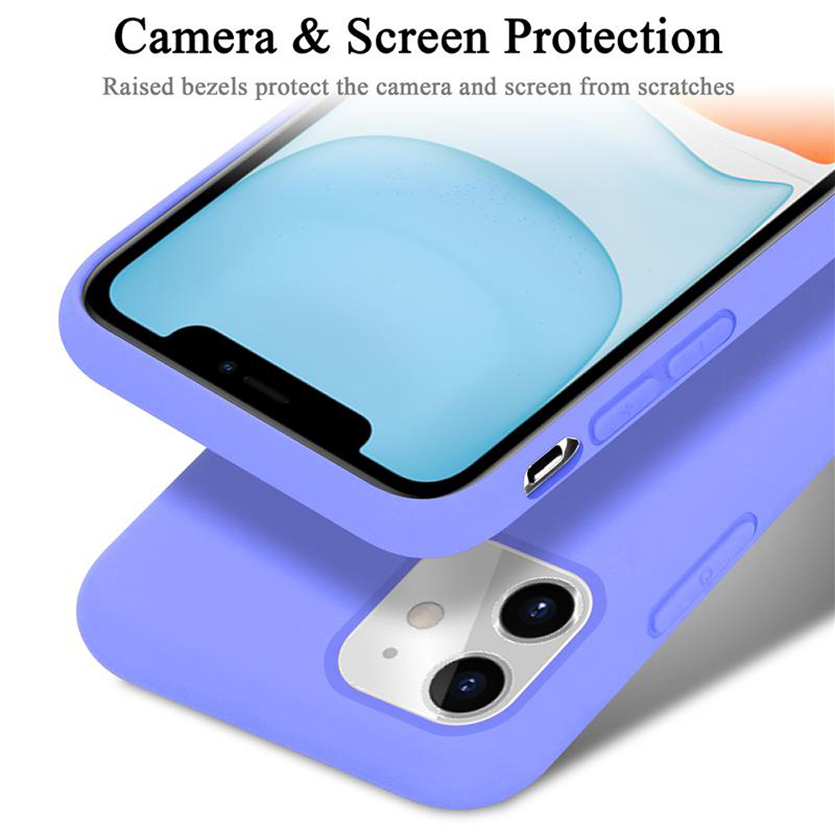 Zwei Handyhüllen, eine blaue, eine klare, die den Telefonbildschirm zeigen. Text: Kamera- & Bildschirmschutz.