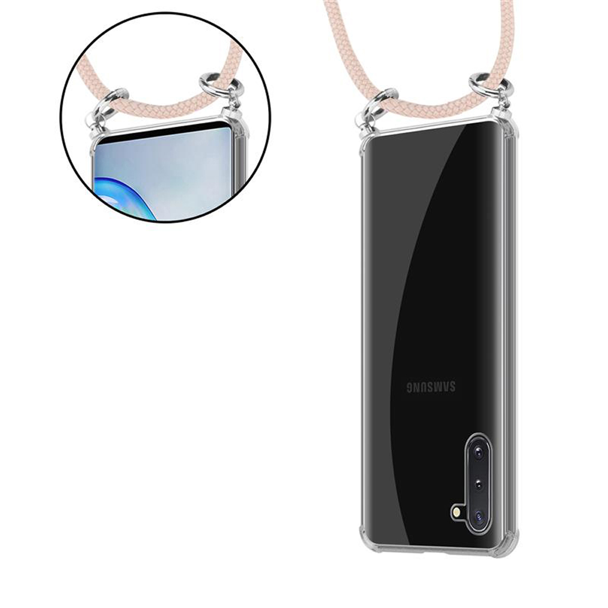 Custodia per telefono con cinturino rosa chiaro. Un telefono è nella custodia. La custodia ha una fotocamera.