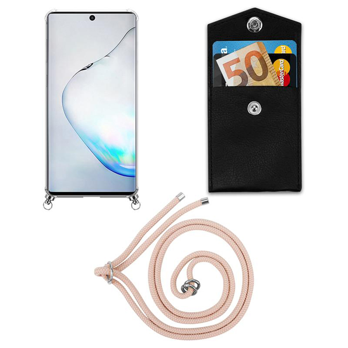Telefono con custodia, cordino rosa e porta carte nero con contanti e carte di credito.