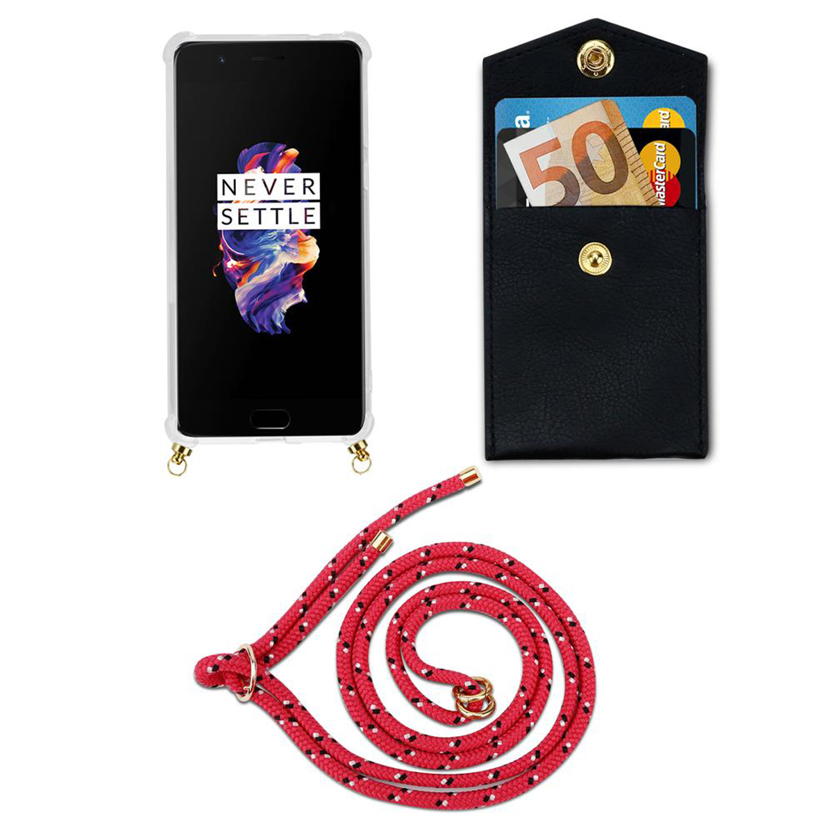 Telefon mit Never Settle-Bildschirm, rotes Seil mit schwarzen Punkten, schwarzer Kartenhalter mit Geld. Weißer Hintergrund.
