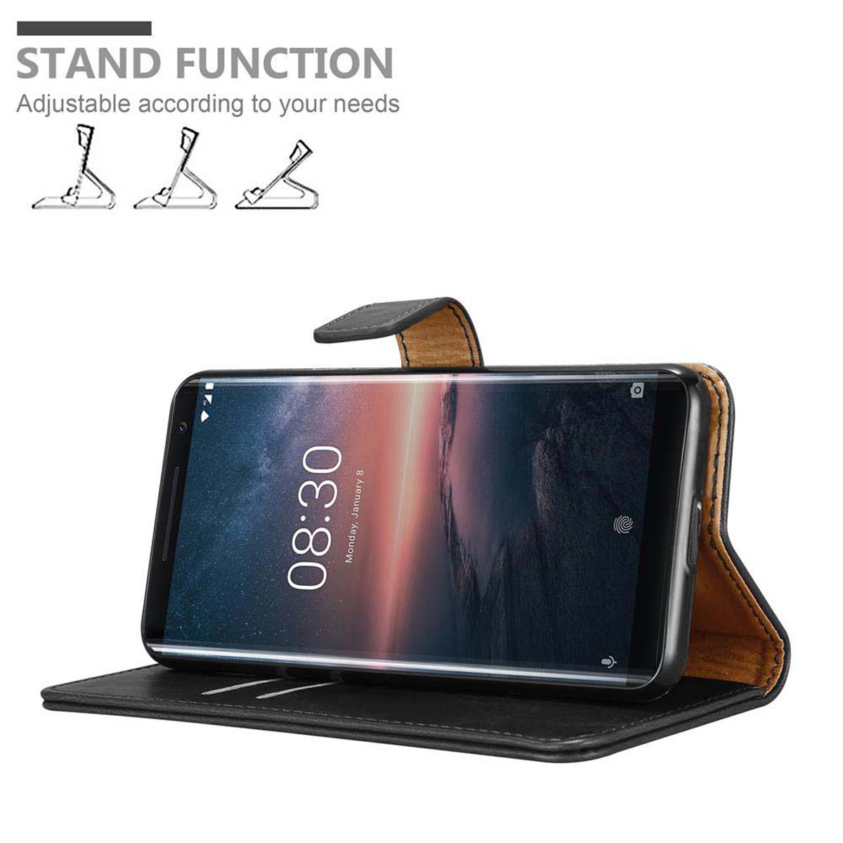 Schwarze Handyhülle mit Standfunktion, Telefon darin, auf weißem Hintergrund.