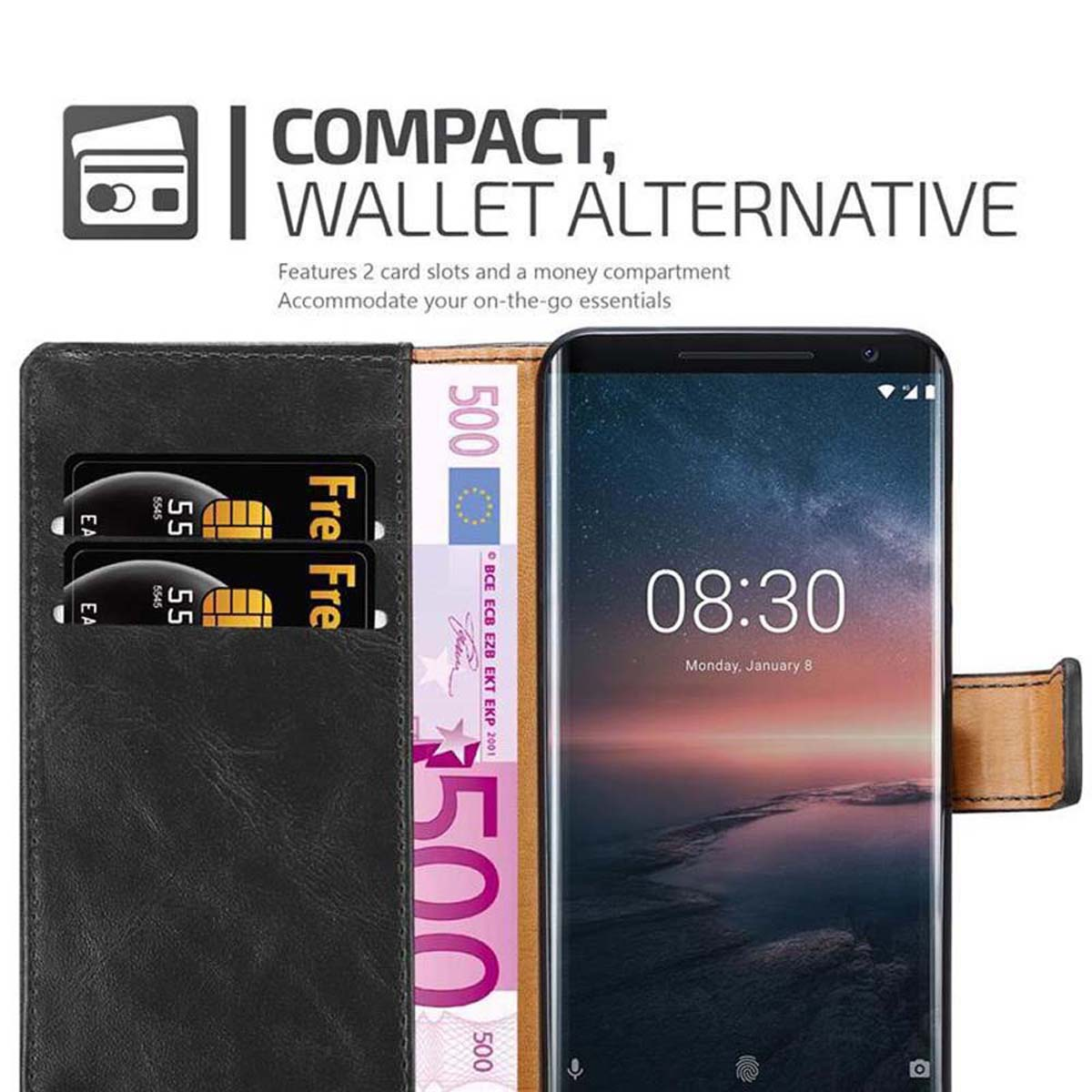 Ein Telefon in einer Brieftaschenhülle mit Karten und Bargeld. Das Telefon zeigt die Uhrzeit.