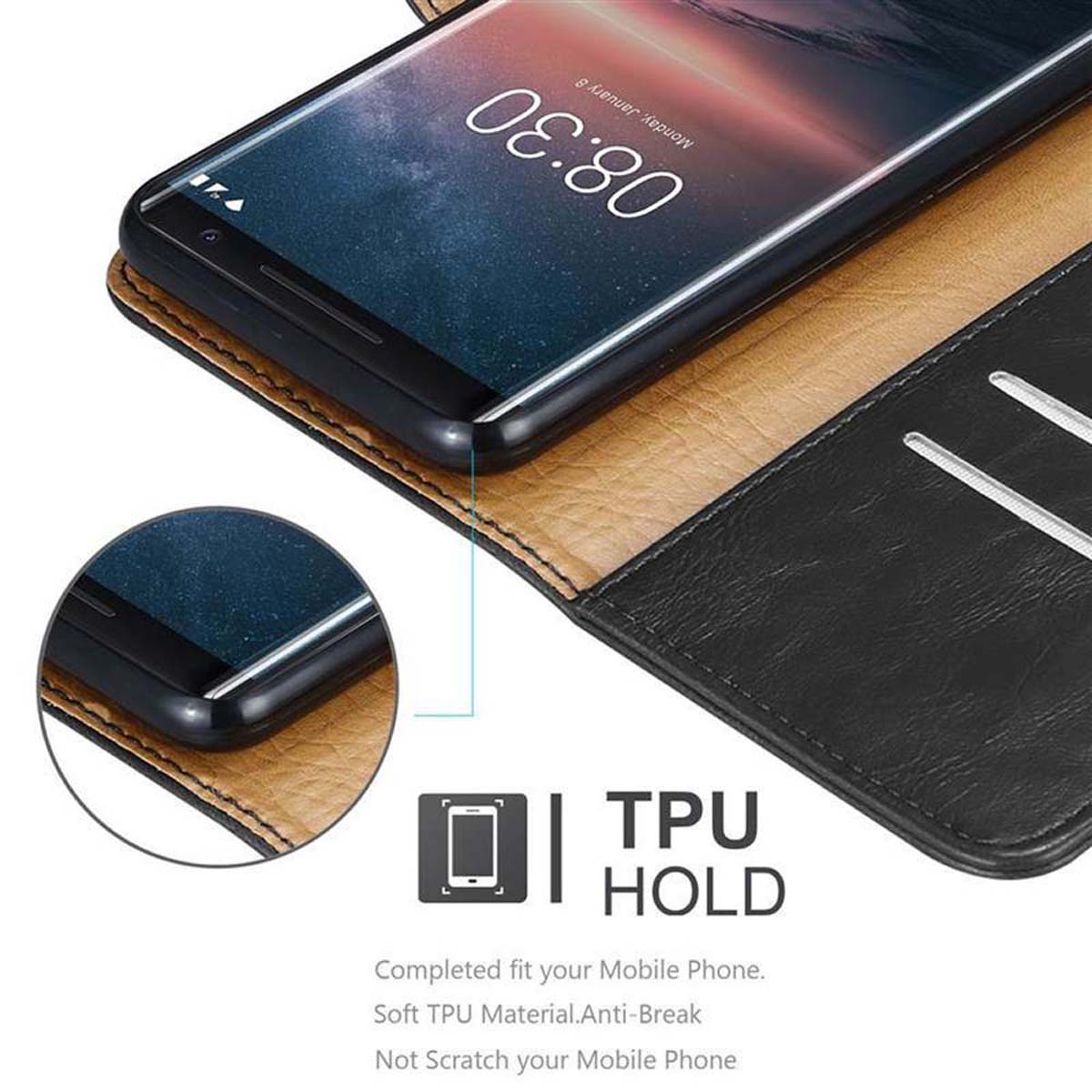 Telefon in einer schwarzen Lederhülle mit Kartenfach, die Hülle offen, und Text 'TPU HOLD'.