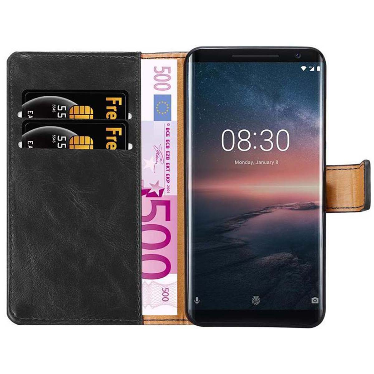 Eine Handyhülle mit einem Telefon, zwei Kreditkarten und einem 500-Euro-Schein. Das Telefon zeigt die Uhrzeit 08:30 an.