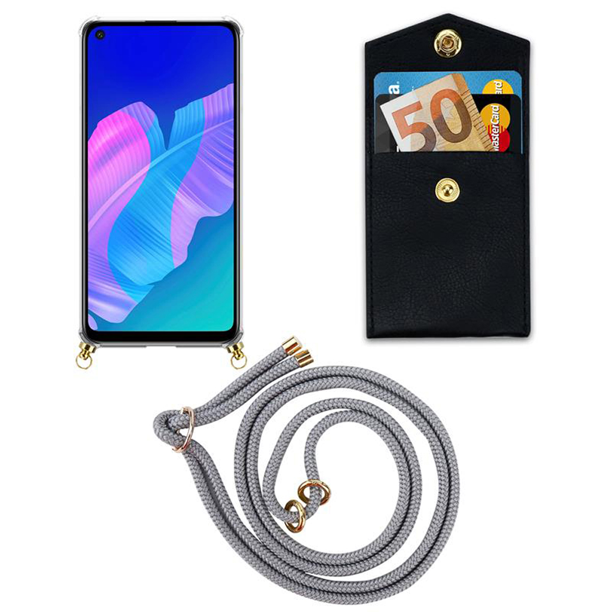 E, Huawei, Ringen, Kordel Handy abnehmbarer CADORABO SILBER Band Hülle, mit Gold Backcover, und P40 Kette GRAU LITE