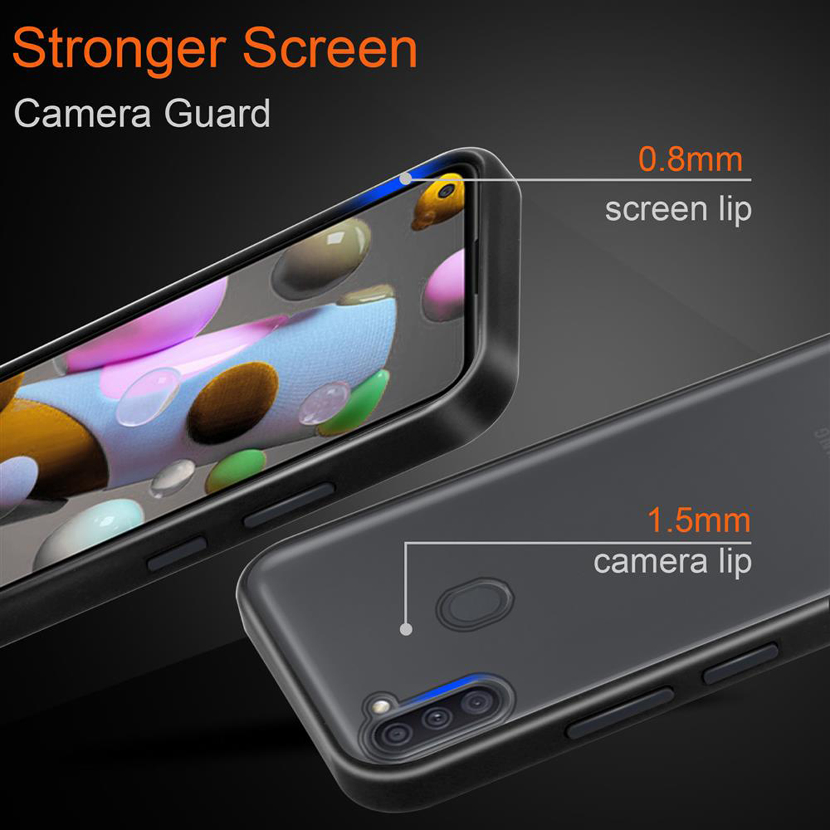 Custodia per telefono con forte protezione dello schermo e della fotocamera, con misure dei bordi dello schermo e della fotocamera.