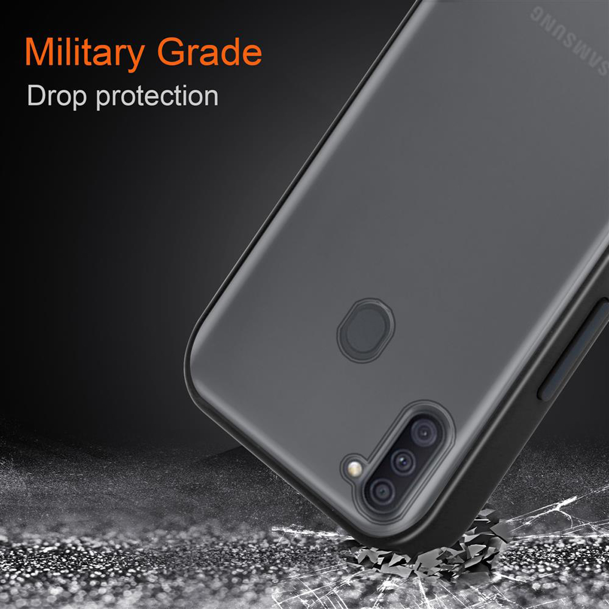Custodia per telefono con protezione dalle cadute di grado militare. La custodia è grigio scuro e mostra vetro rotto.