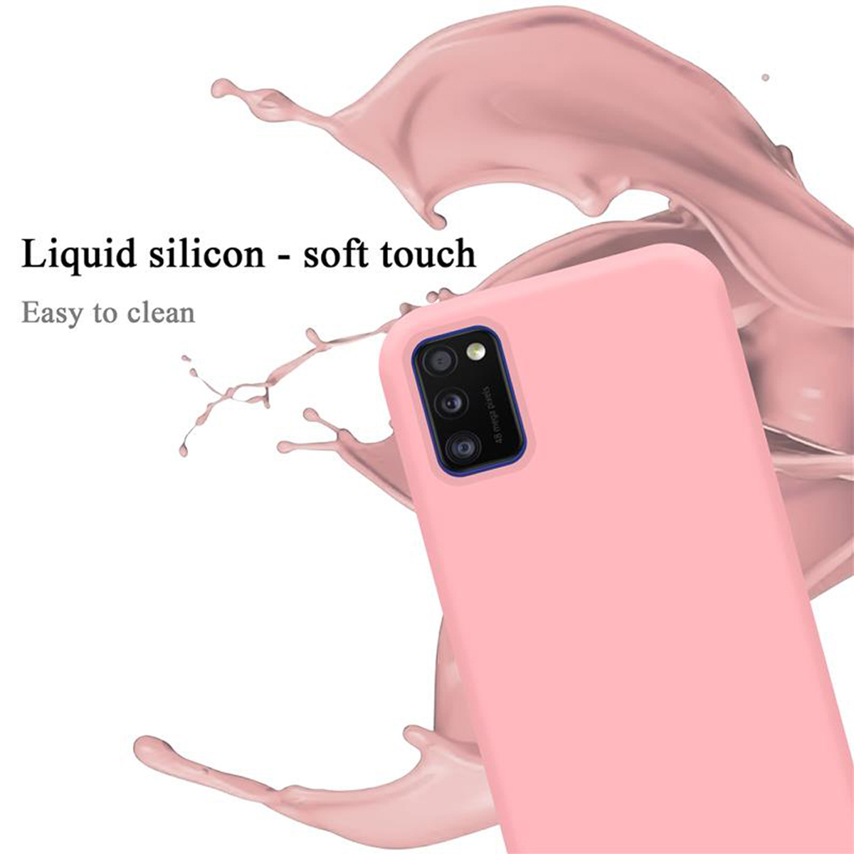Una custodia rosa per telefono con sfondo sfocato ed effetto spruzzo di liquido. Il design della custodia è visibile.