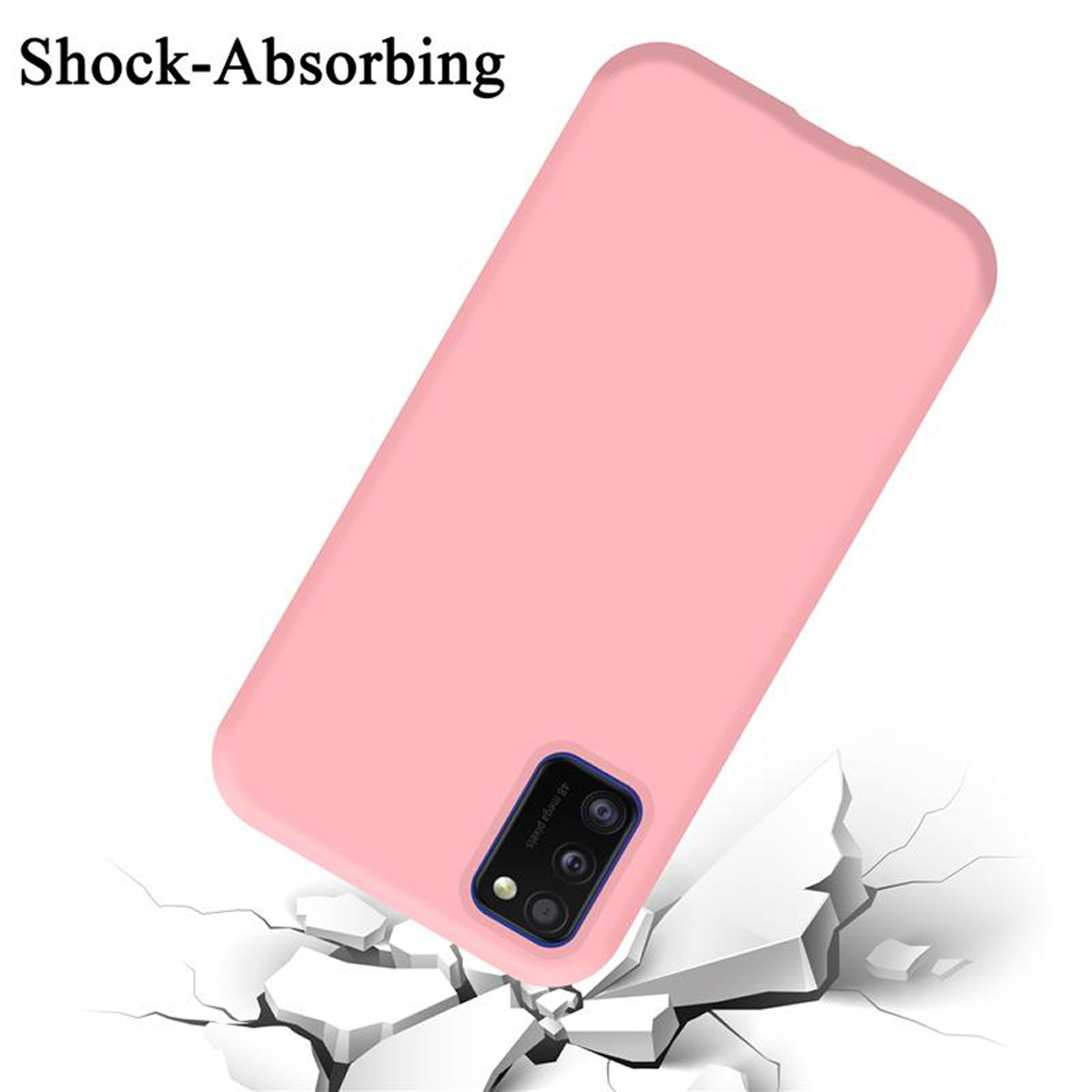 Una custodia rosa per telefono poggia su una superficie incrinata. Le parole 'Shock-Absorbing' sono sopra.