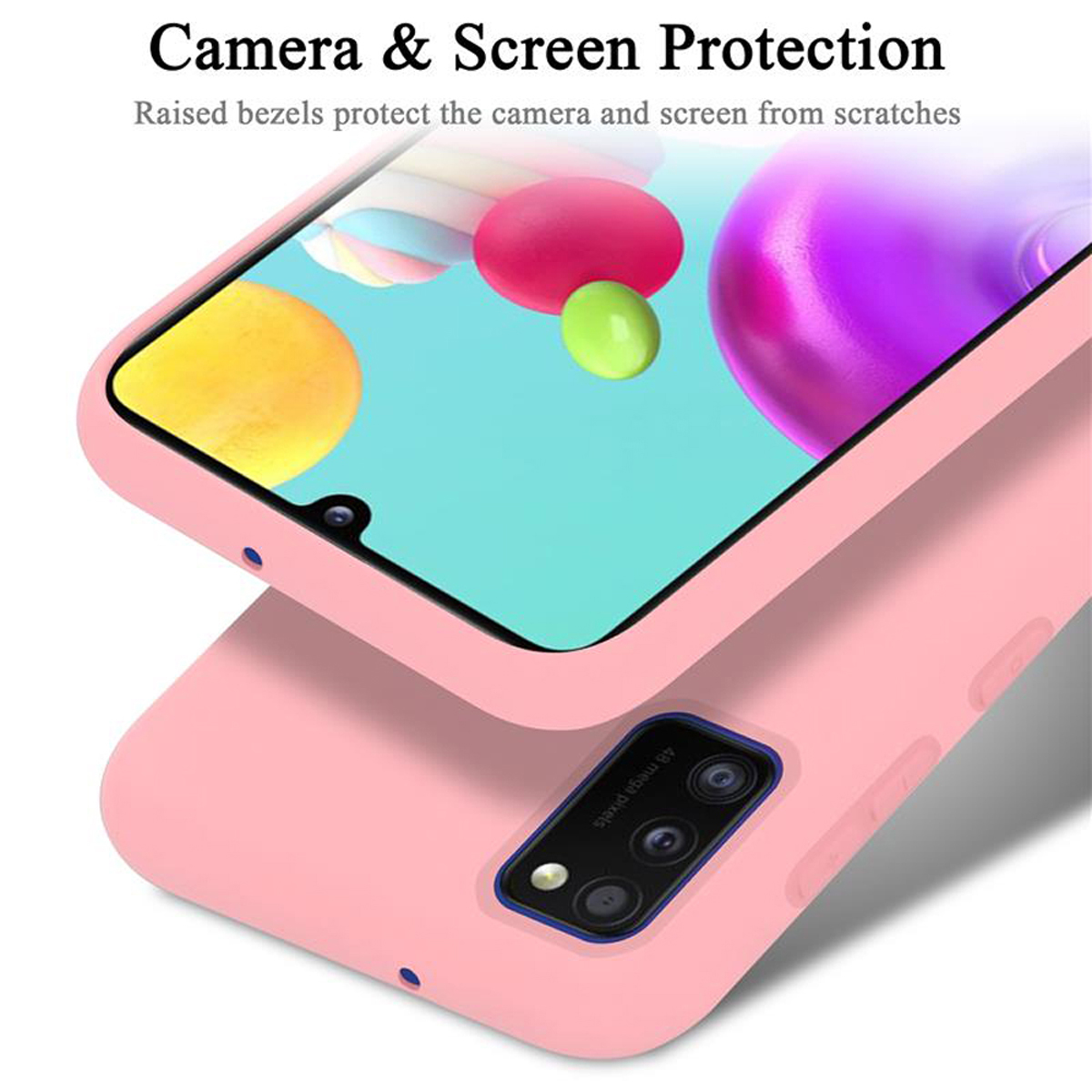 Un telefono in una custodia rosa. Lo schermo è visibile. Lo sfondo ha forme colorate.