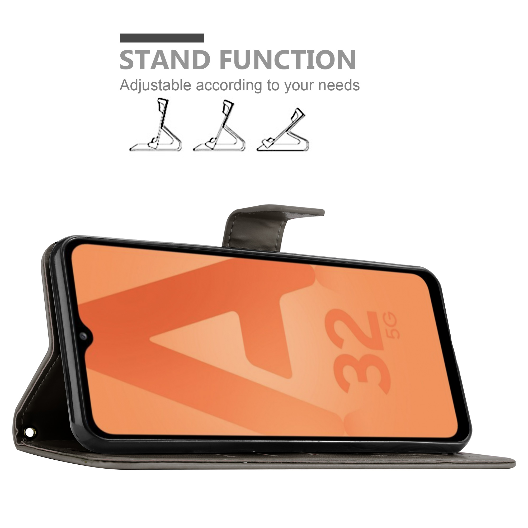 Il telefono in una custodia è aperto, mostrando lo schermo, con funzione stand. Testo: Funzione stand, regolabile in base alle tue esigenze.