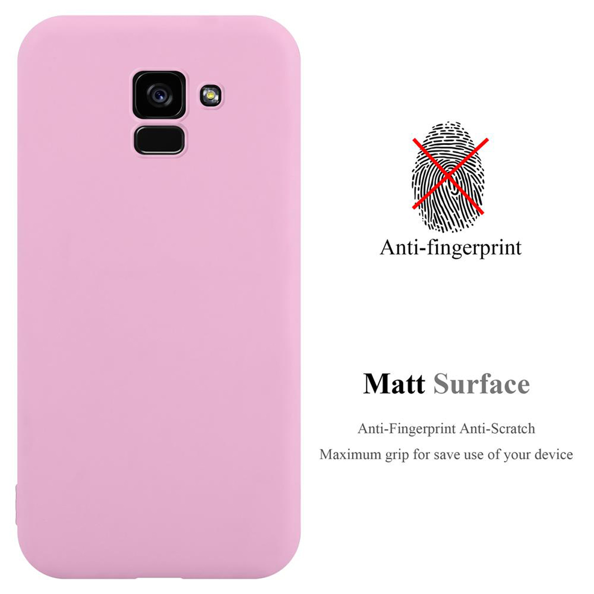 Custodia per telefono rosa con simbolo di impronta digitale barrato. Testo: Superficie opaca, anti-impronte, antigraffio.