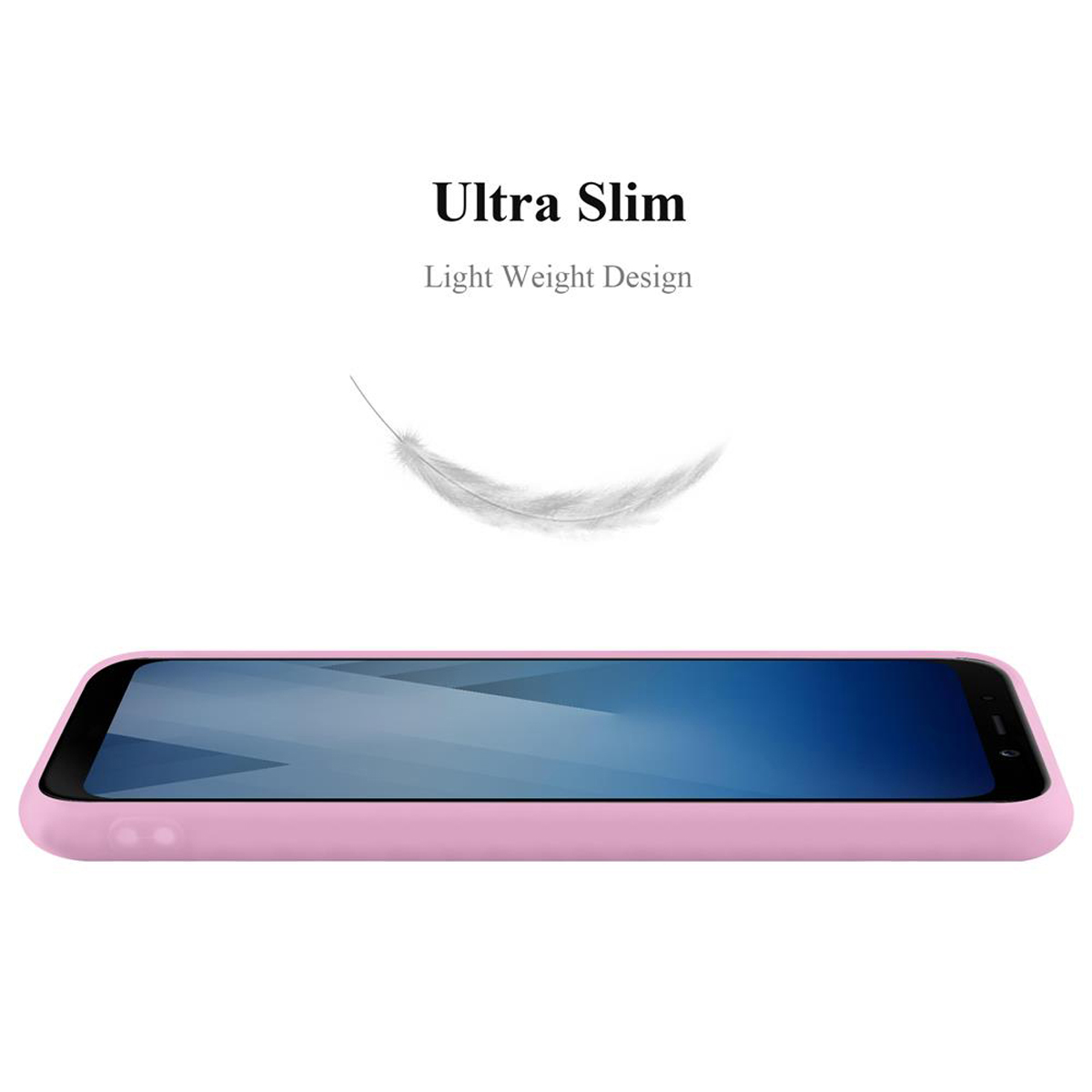 Custodia rosa per telefono. Il testo dice 'Ultra Slim, Light Weight Design'. Una piuma sopra.