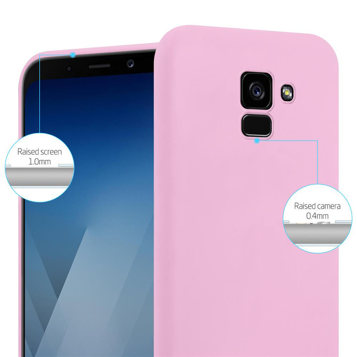 Custodia per smartphone rosa con protezione schermo e fotocamera rialzata. Sfondo bianco.