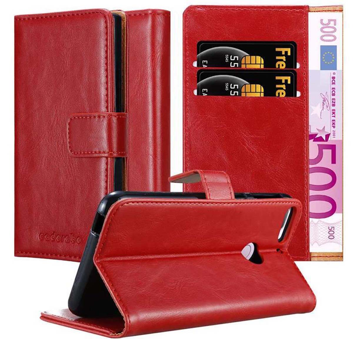 Rote Leder-Handyhülle mit Kartenfächern und einem Telefon darin. 500-Euro-Note sichtbar.