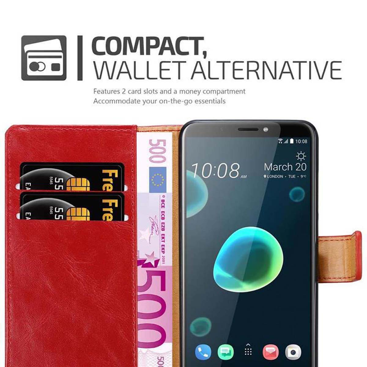 Rote Handyhülle mit Karten und Geld. Der Telefonbildschirm zeigt die Uhrzeit. Weißer Hintergrund.