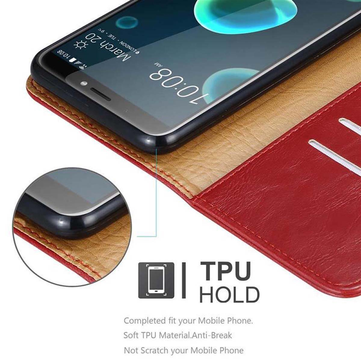 Telefon in einer roten Lederhülle. Das Telefon zeigt die Uhrzeit an. Die Hülle hat einen Steckplatz für Karten.