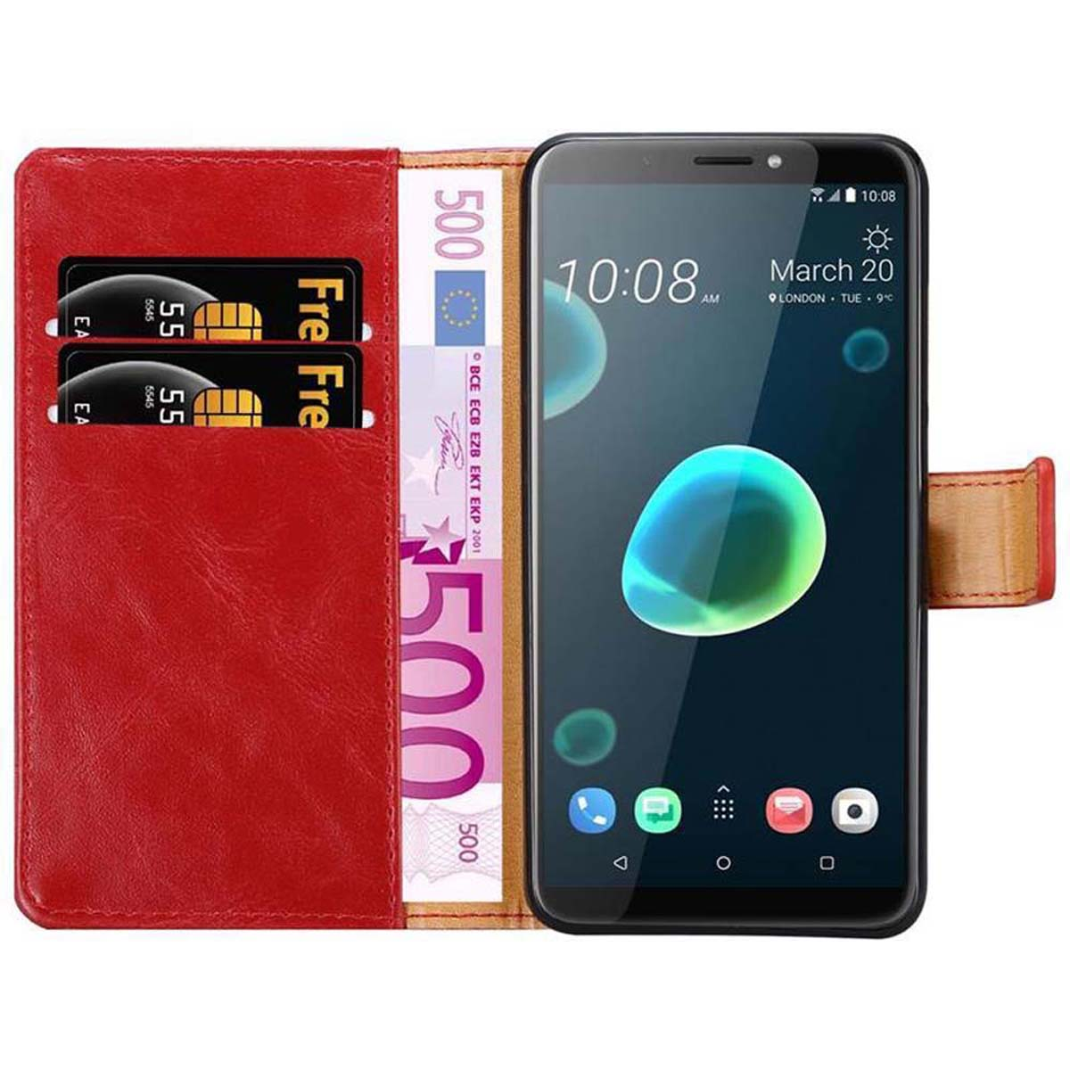 Telefon mit roter Geldbörsenhülle. Karten und Geld sind im Brieftaschenbereich sichtbar.