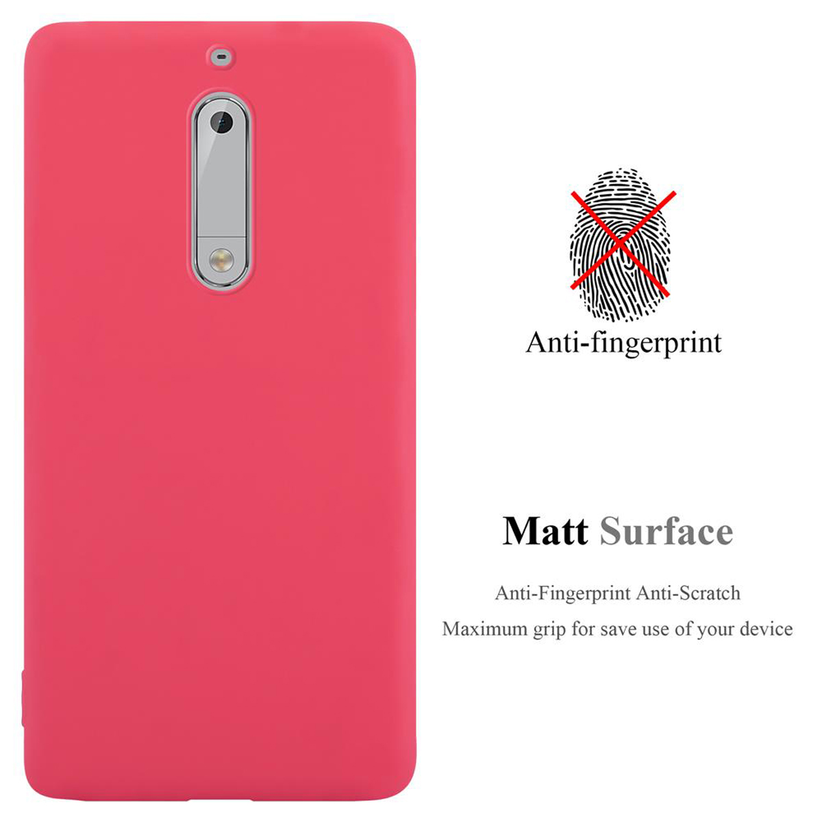 Rosa Handyhülle. Anti-Fingerabdruck- und matte Oberfläche Text auf weißem Hintergrund.