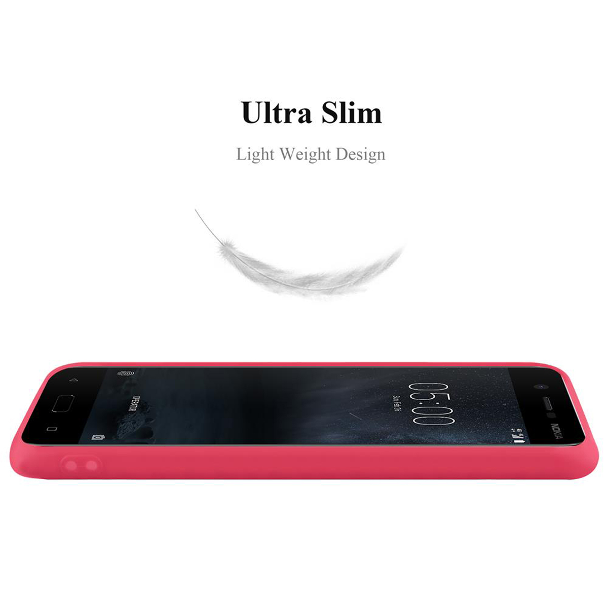 Eine rosa Handyhülle mit einem Telefon darin. Über der Hülle schwebt eine Feder. Text: Ultra Slim, Light Weight Design.
