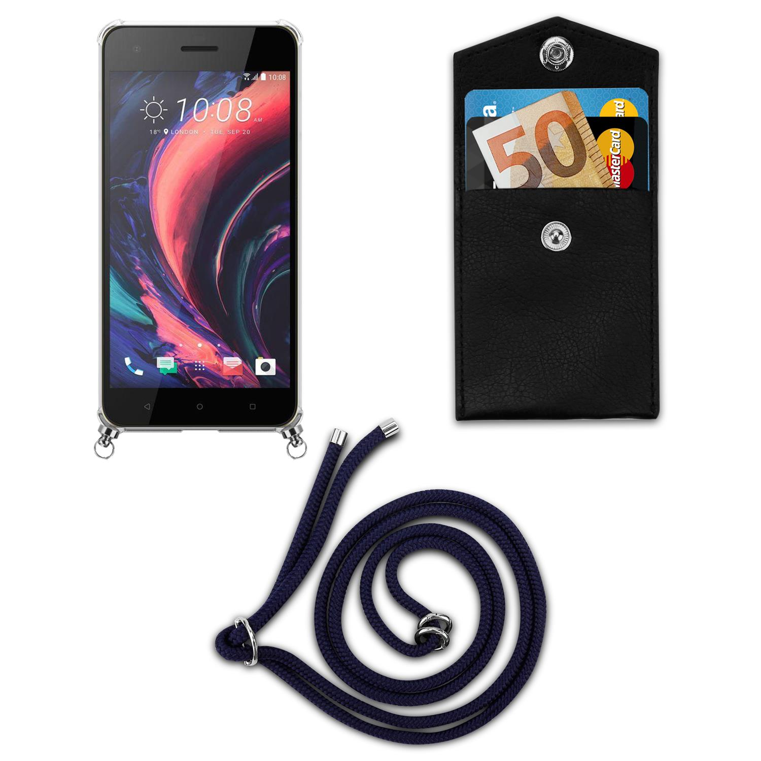 Ein Telefon mit einem Schlüsselband, einem separaten Kartenhalter und einem dunkelblauen Schlüsselband. Das Telefon zeigt eine farbenfrohe Anzeige.