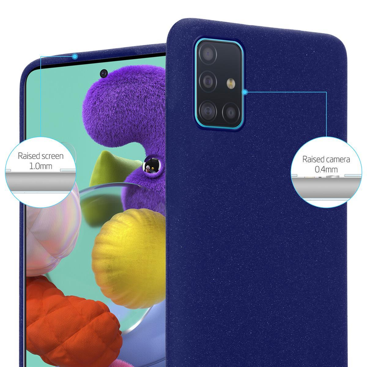 Custodia per telefono blu con bordi rialzati dello schermo e della fotocamera, annotazioni.