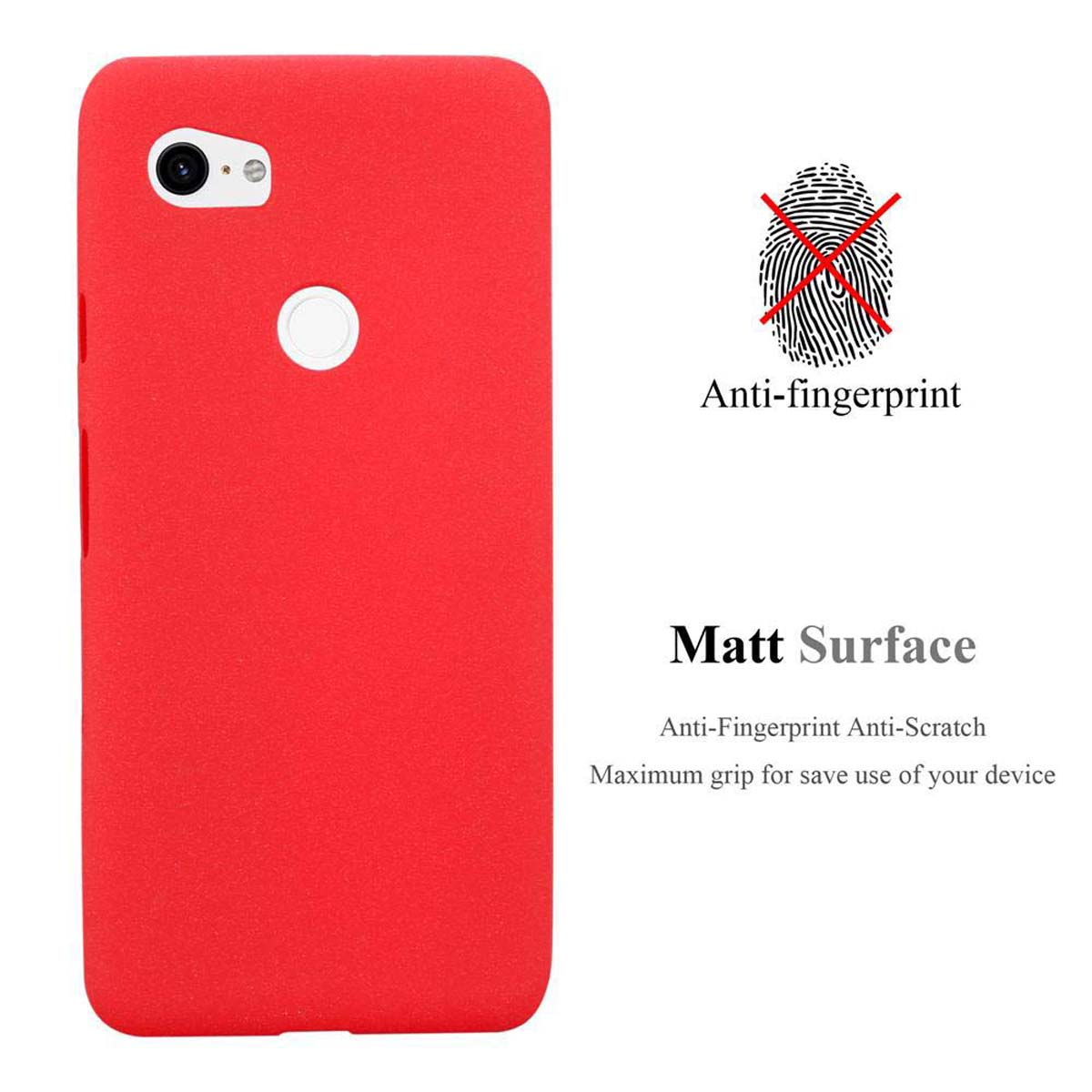 Una custodia rossa per telefono con un cerchio bianco su sfondo bianco.