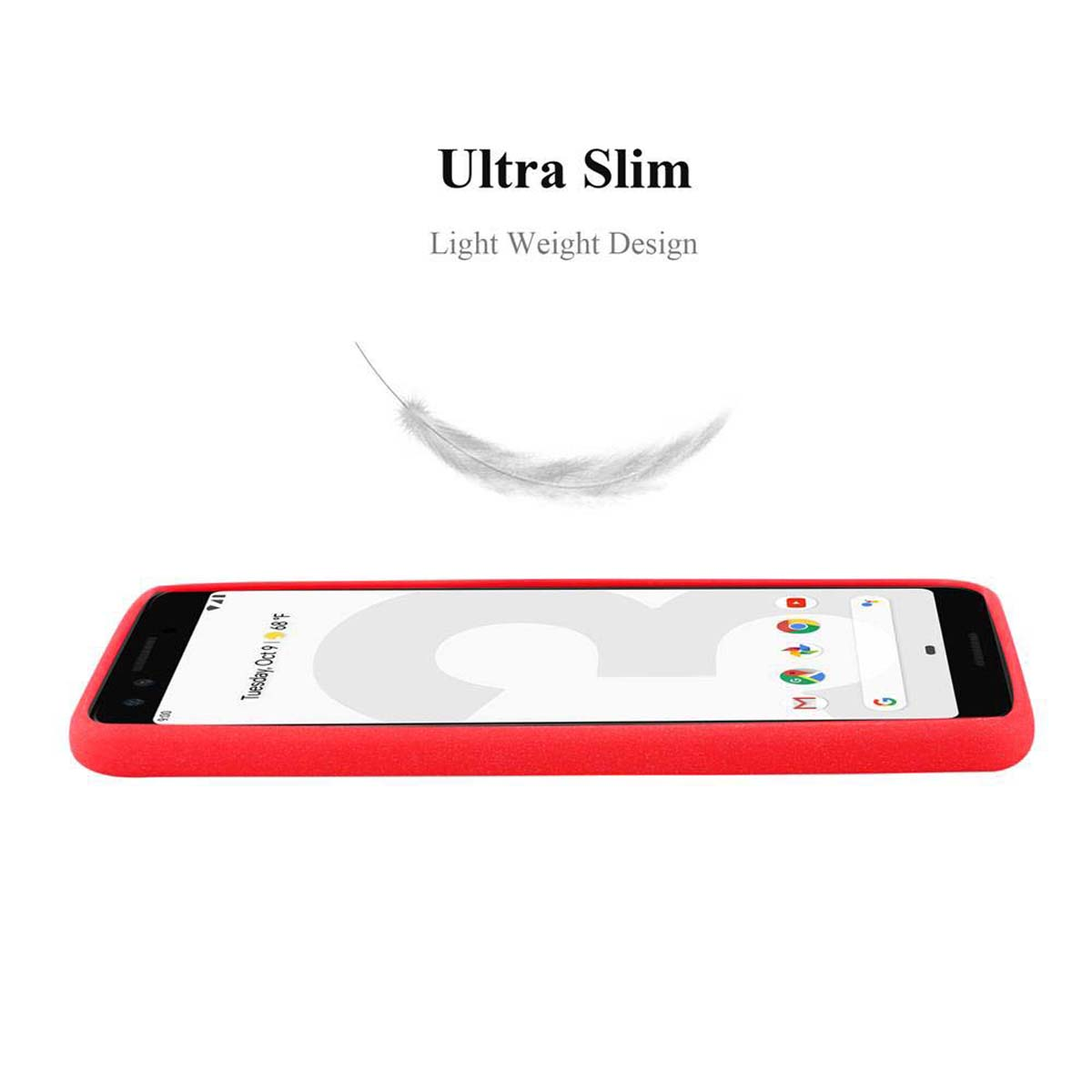 Custodia rossa per telefono su un telefono, design leggero, con una grafica a piuma che fluttua sopra, su bianco.