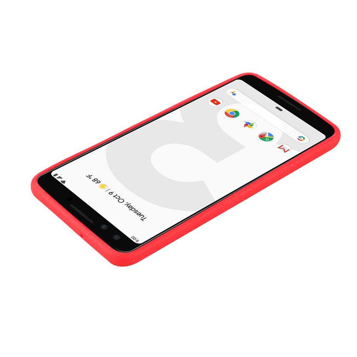 Telefono in una custodia rossa, che mostra la schermata iniziale con le icone delle app. L'ora è visualizzata. Sfondo bianco.