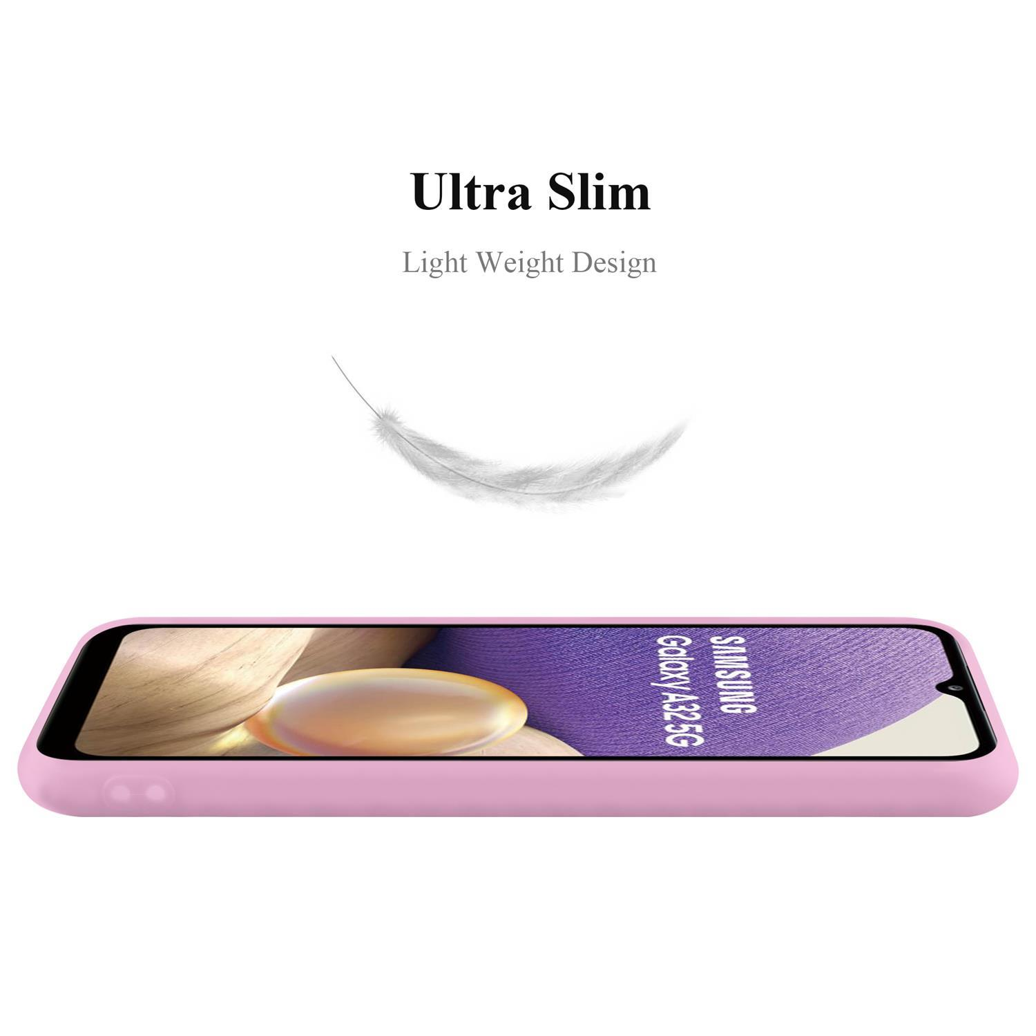 Eine rosa Handyhülle mit einem Telefon, einer Feder und Text auf weißem Hintergrund.