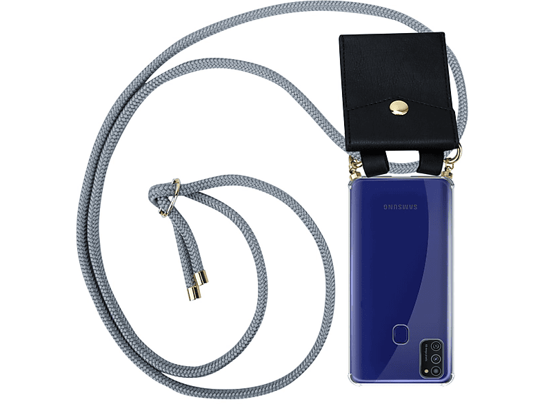 CADORABO Handy Kette mit Gold Ringen, Kordel Band und abnehmbarer Hülle, Backcover, Samsung, Galaxy M21 / M30s, SILBER GRAU