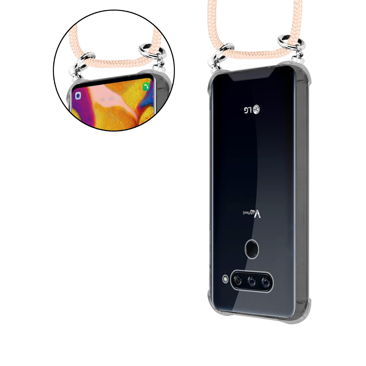 Telefon in transparenter Hülle mit pfirsichfarbenem Lanyard. Zeigt den Bildschirm.