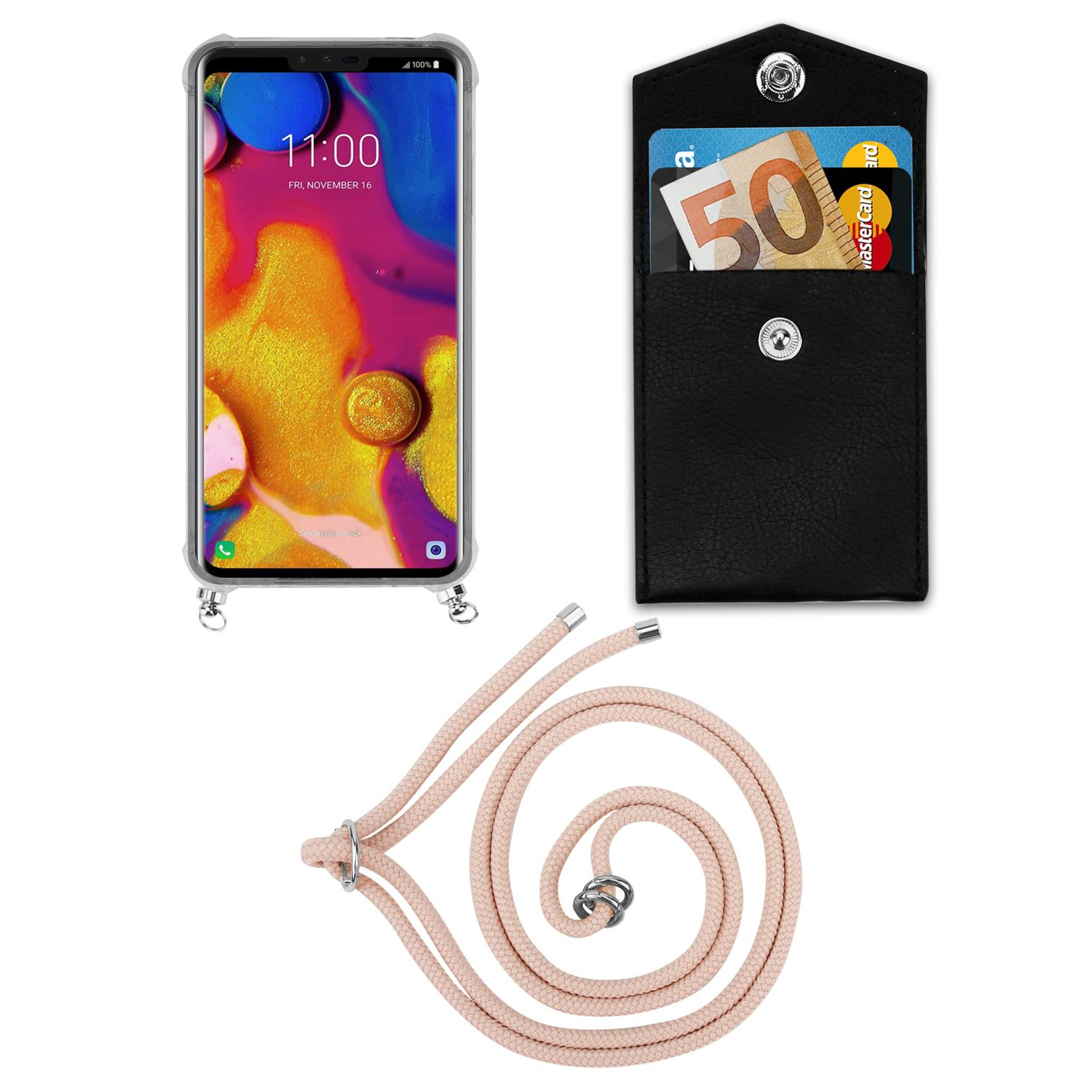 Handyhülle mit Lanyard, Telefon und Geldbörse mit Kreditkarten. Auf weißem Hintergrund.