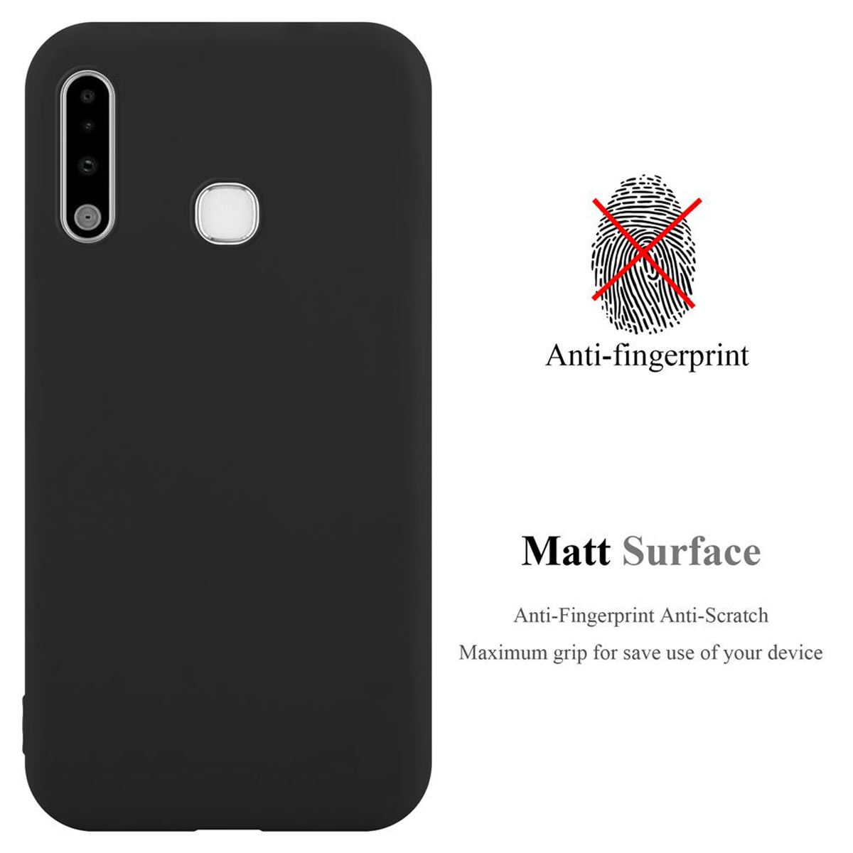 Custodia per telefono nera con superficie opaca anti-impronta. La custodia è su sfondo bianco.