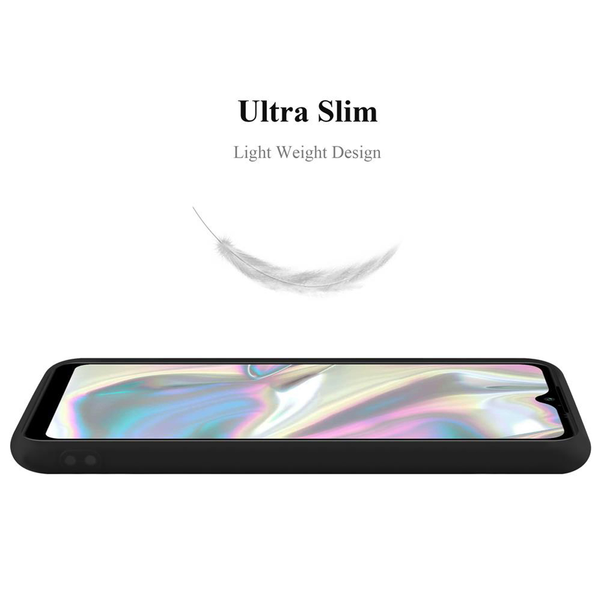 Una custodia nera per telefono con testo 'Ultra Slim Light Weight Design' e immagine di piuma.