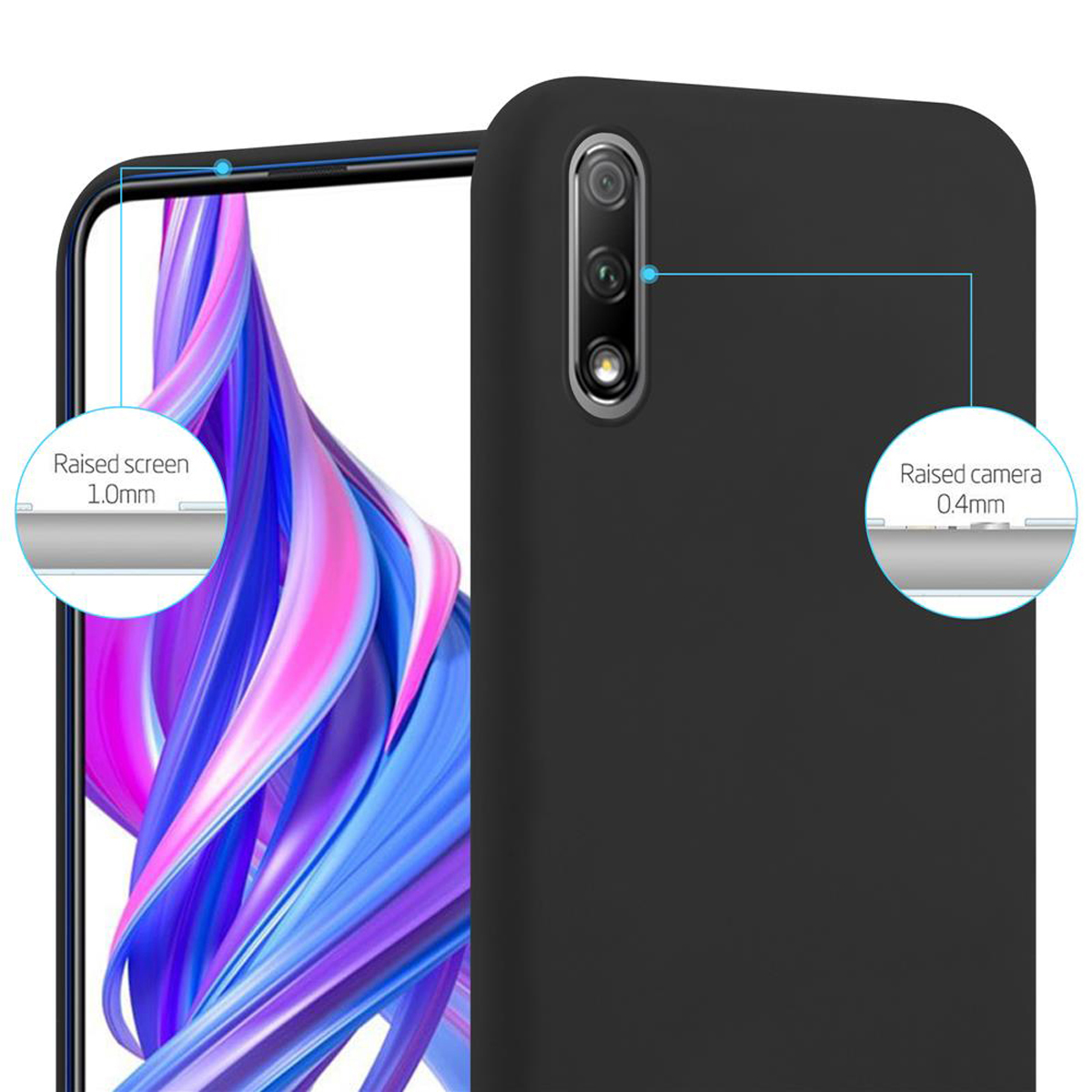 Una custodia nera per telefono che mostra uno schermo e una fotocamera rialzati. Testo: Schermo rialzato 1,0 mm, Fotocamera rialzata 0,4 mm.