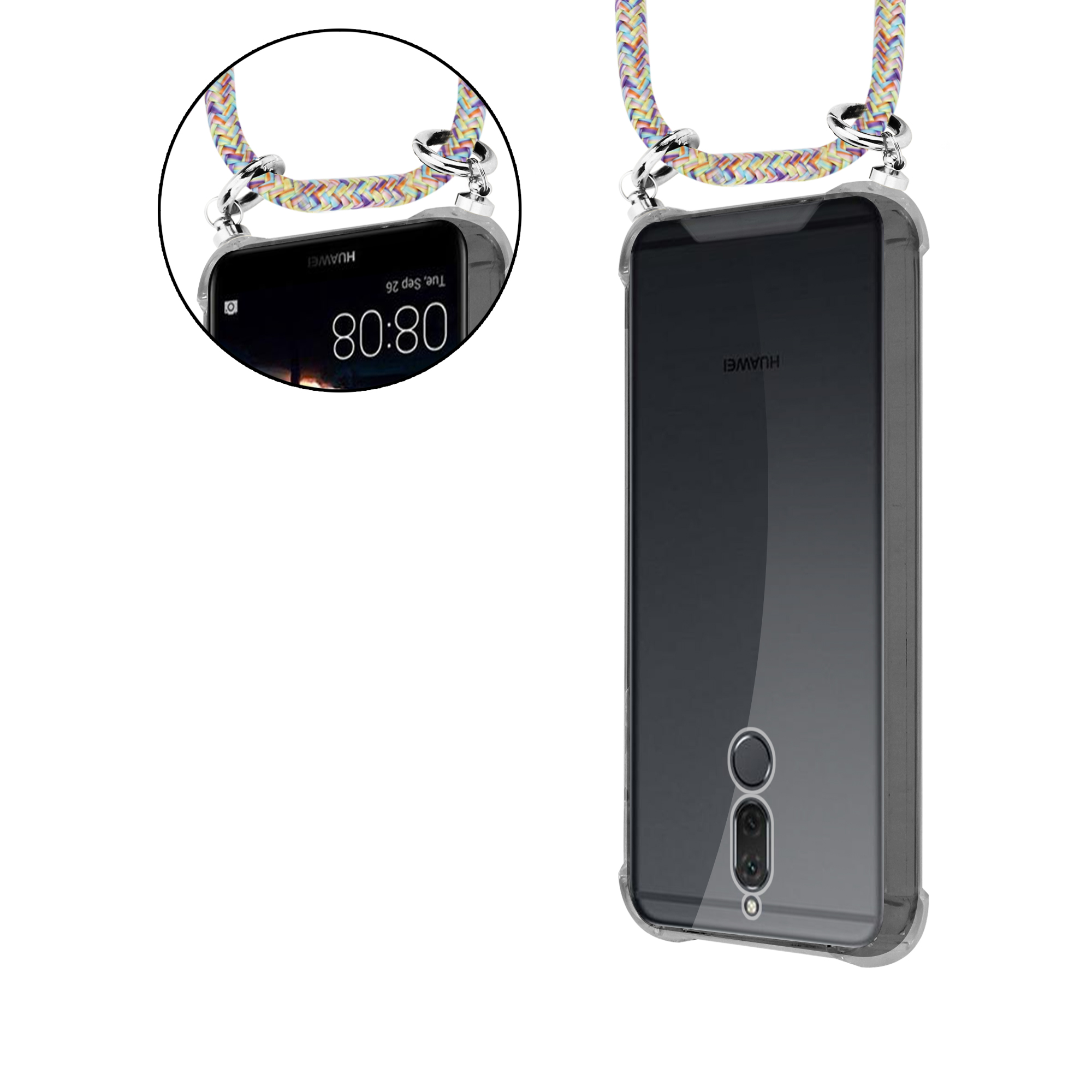 Telefon in klarer Hülle mit mehrfarbigem Kabel. Nahaufnahme des Telefons im Kreis, Zeit wird angezeigt.