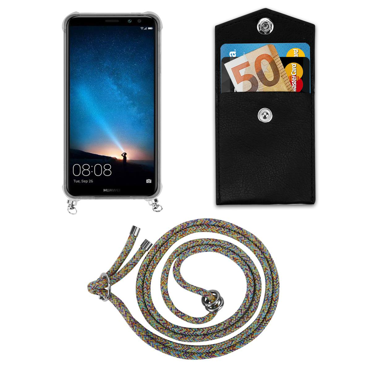 Ein Telefon, eine schwarze Hülle mit Karten und ein buntes Seil. Das Telefon hat eine klare Hülle.