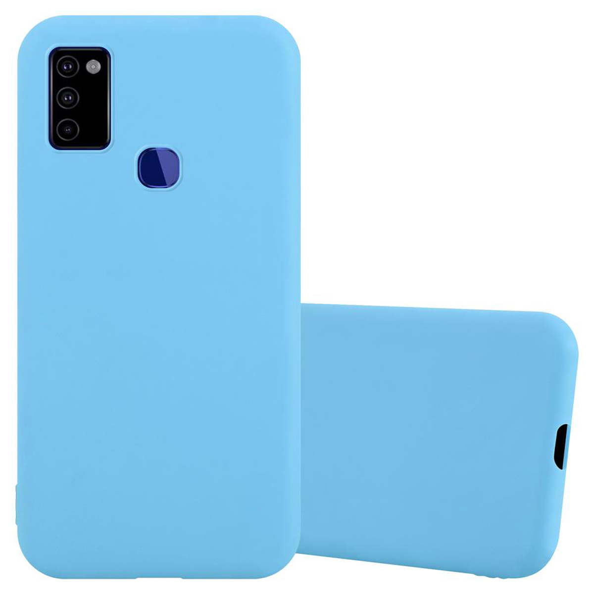 Due custodie telefoniche azzurro chiaro. Una è in piedi, l'altra è accanto.