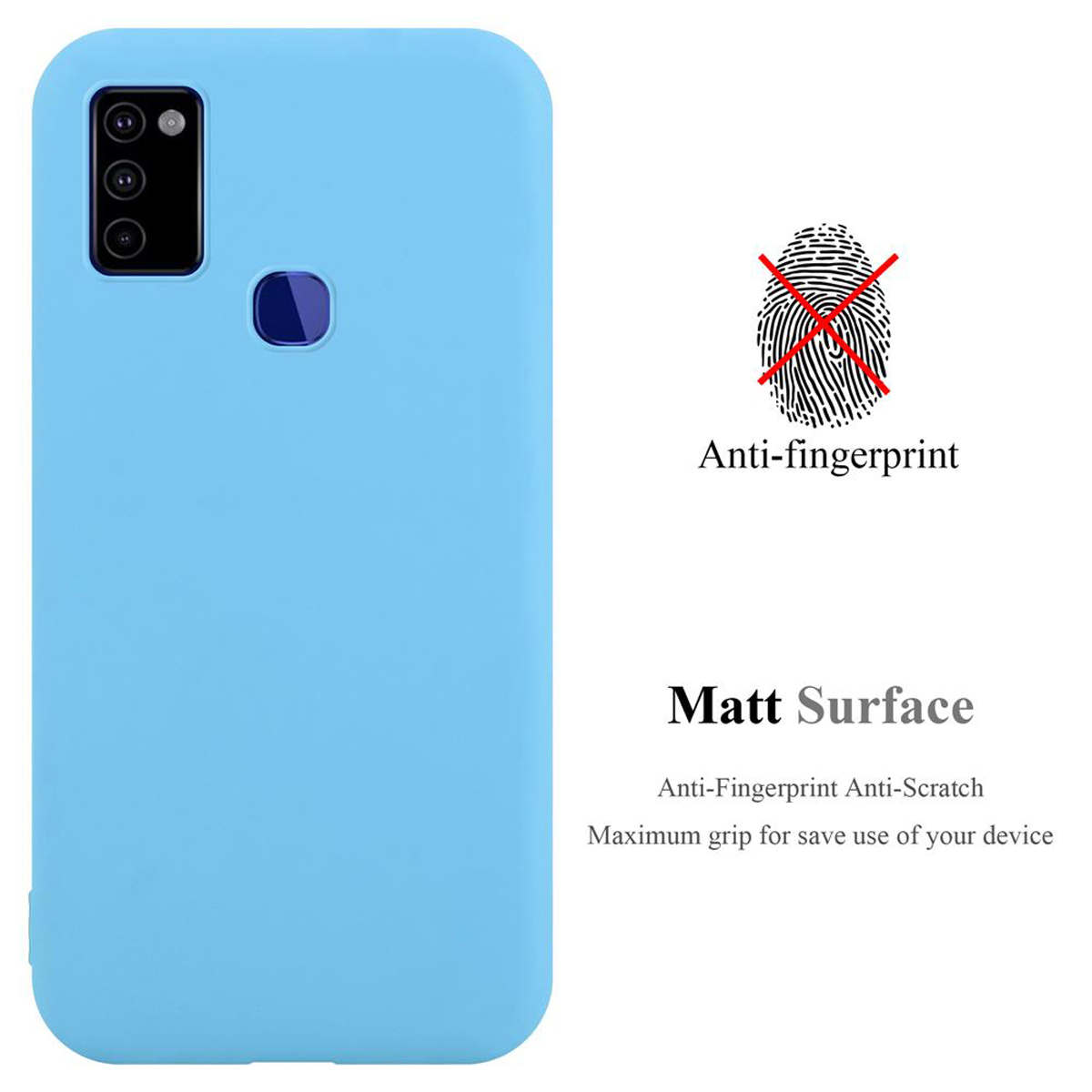 Una custodia per telefono azzurra con un simbolo di impronta digitale sbarrato, con testo sulla superficie opaca.