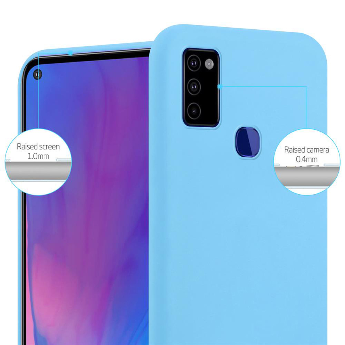 Una custodia per telefono azzurra con un telefono all'interno e annotazioni sullo schermo e sulla fotocamera rialzati.