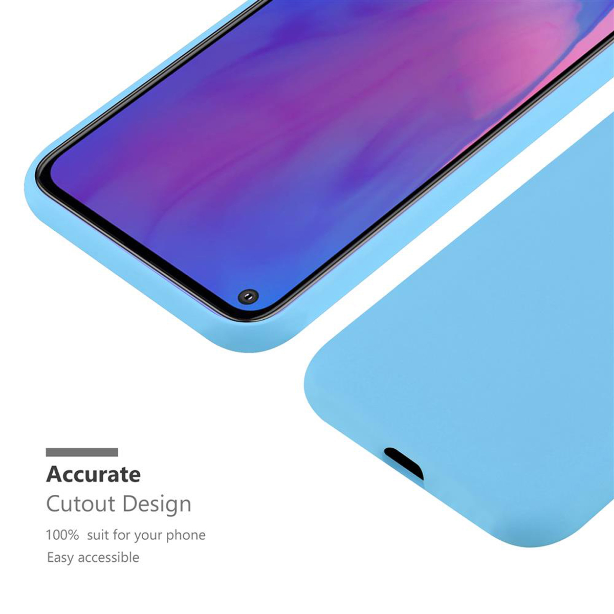 Una custodia per telefono con schermo blu è nell'immagine. La custodia è azzurra.