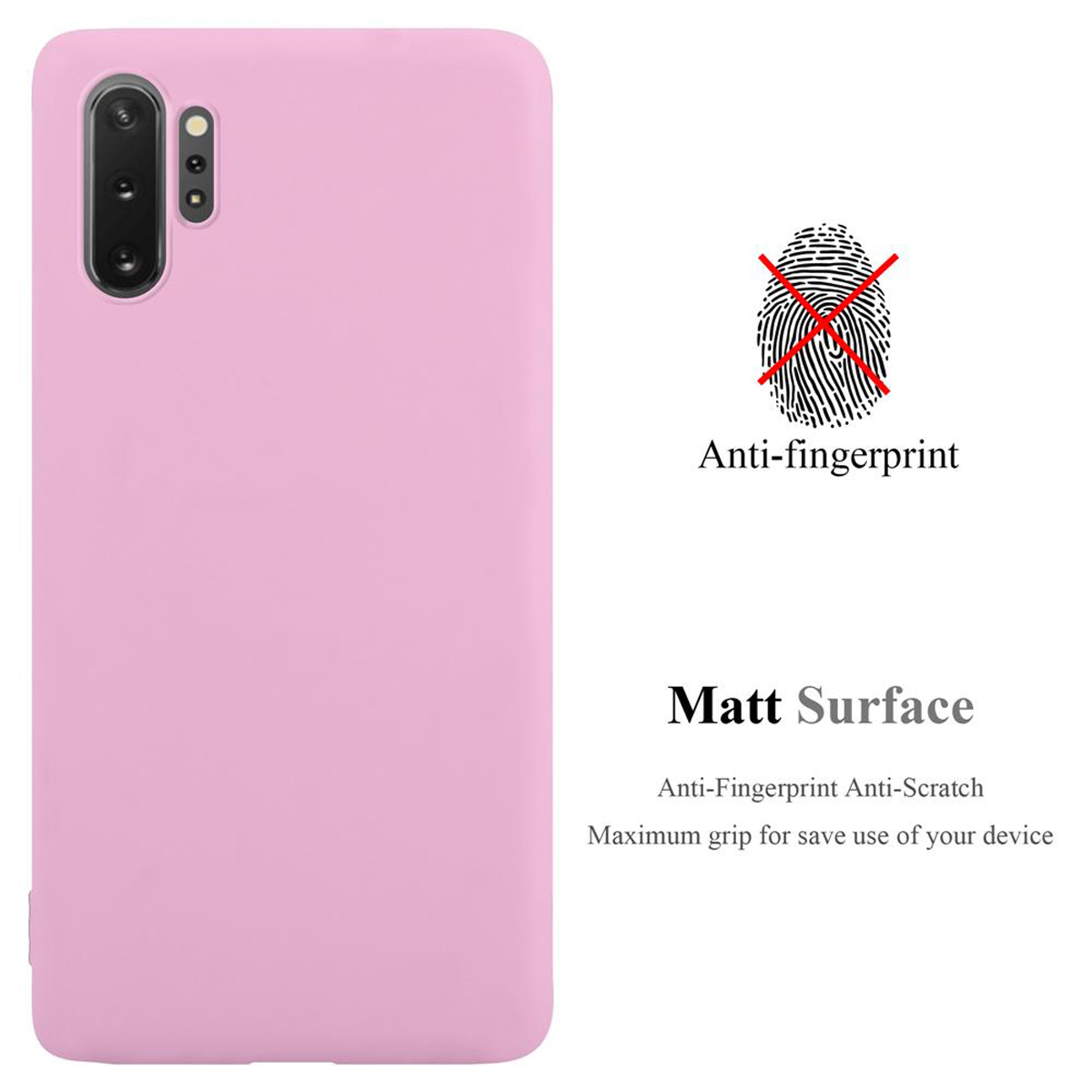 Custodia per telefono rosa con testo che indica anti-impronta e superficie opaca.