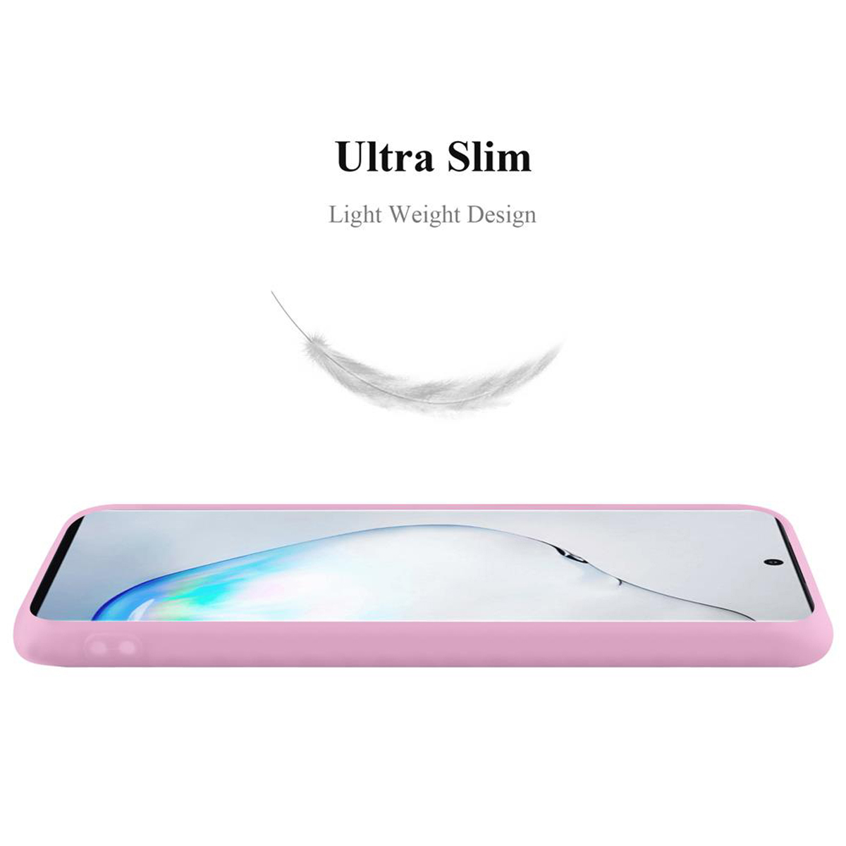 Una custodia per telefono rosa con testo: 'Ultra Slim Light Weight Design', e una grafica a forma di piuma.