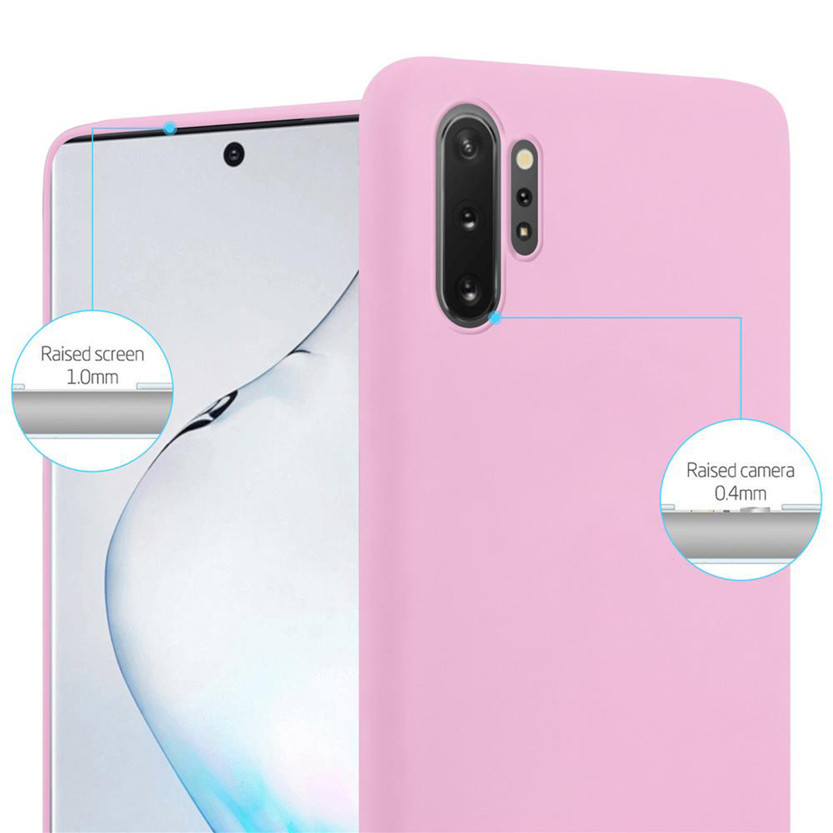 Una custodia per telefono rosa, che mostra i bordi rialzati dello schermo e della fotocamera per la protezione.