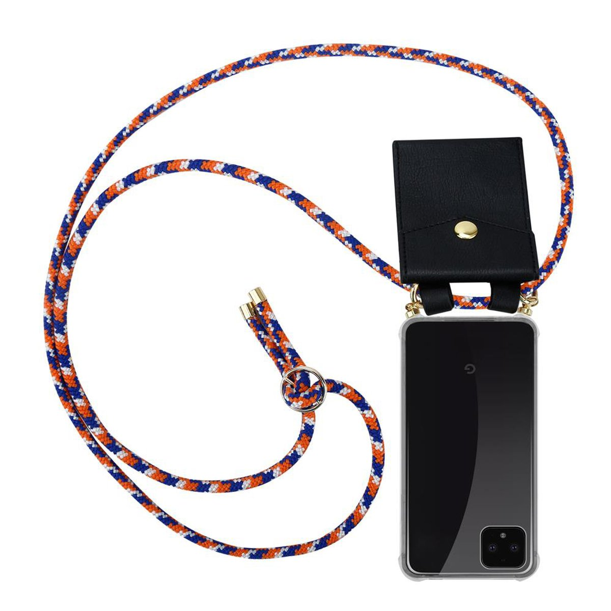 Blau-oranger Telefonriemen mit schwarzem Gehäuse. Telefon ist im Gehäuse.