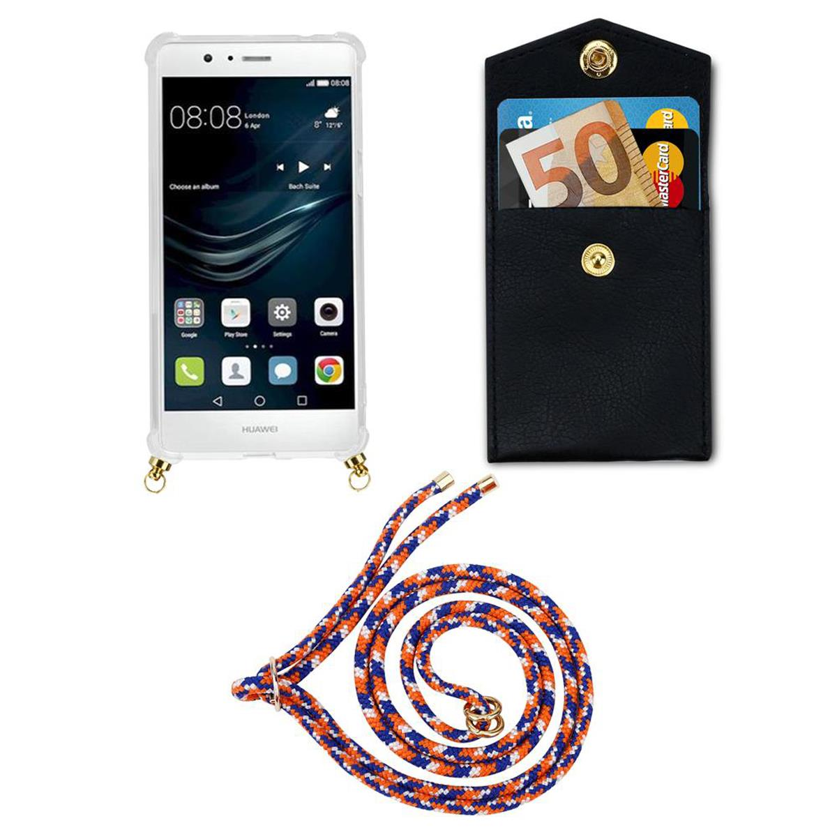 Weißes Telefon in einer transparenten Hülle. Daneben eine schwarze Geldbörse mit Geld. Ein blauer und orangefarbener Riemen.