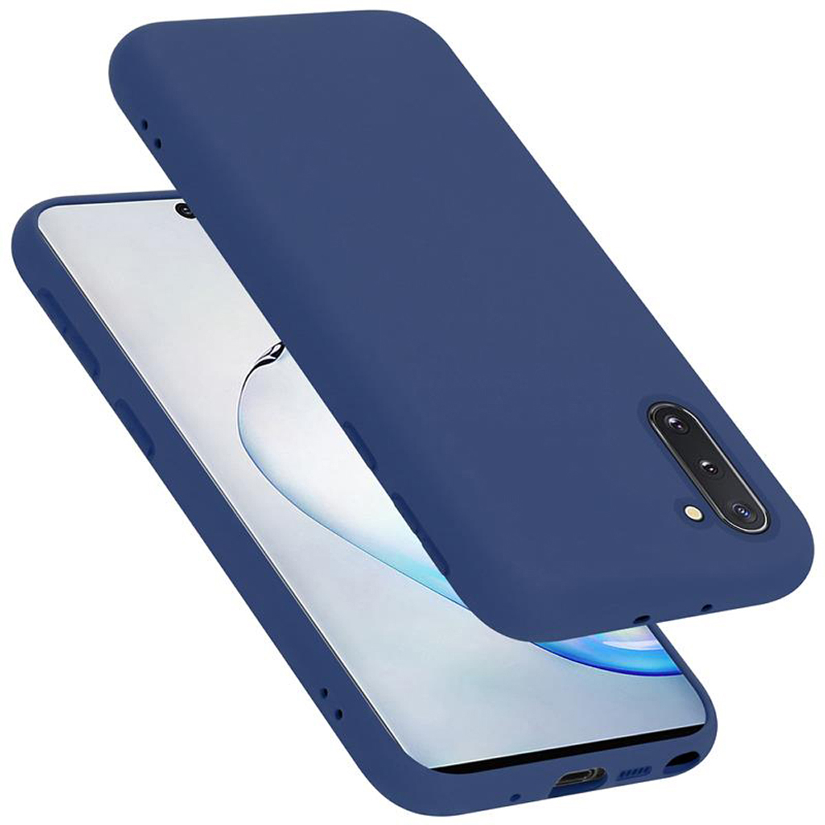 Blaue Handyhülle mit einem Telefon darin, leicht geöffnet. Weißer Hintergrund.