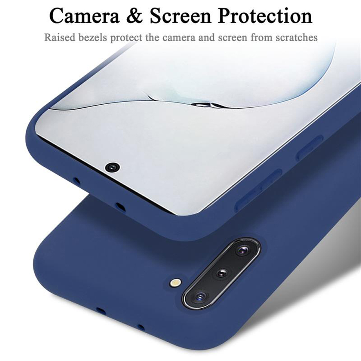Eine blaue Handyhülle mit dem Telefon darin. Text: Kamera- und Bildschirmschutz.