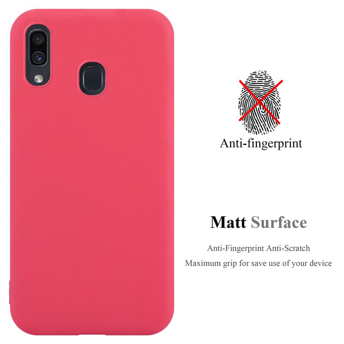 Rote Handyhülle mit schwarzem Kamera Loch. Anti-Fingerabdruck und matte Oberfläche Text. Weißer Hintergrund.